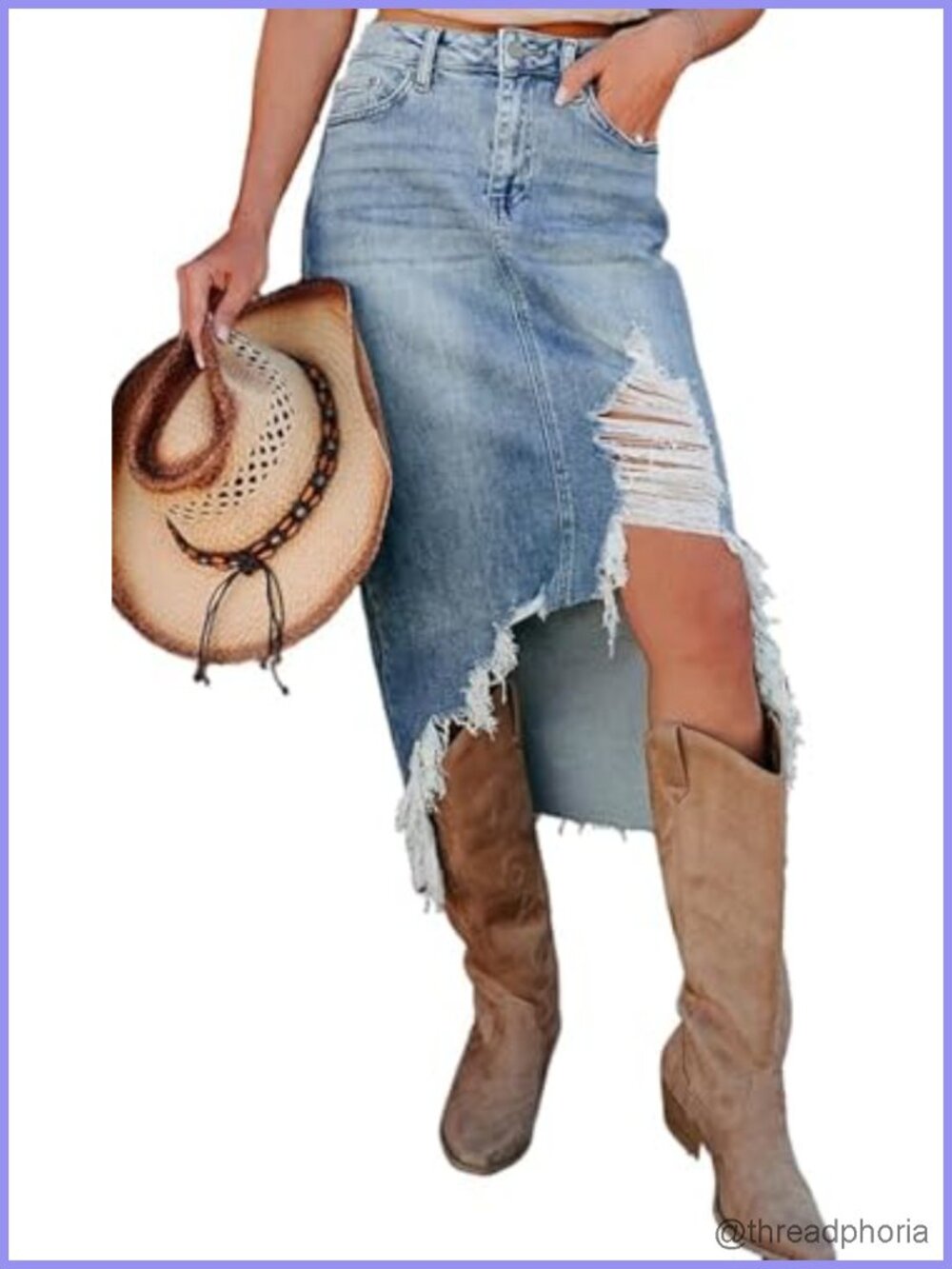 Ripped Distressed Stretch Denim Skort High Waist Y2K Long Jean Skirt